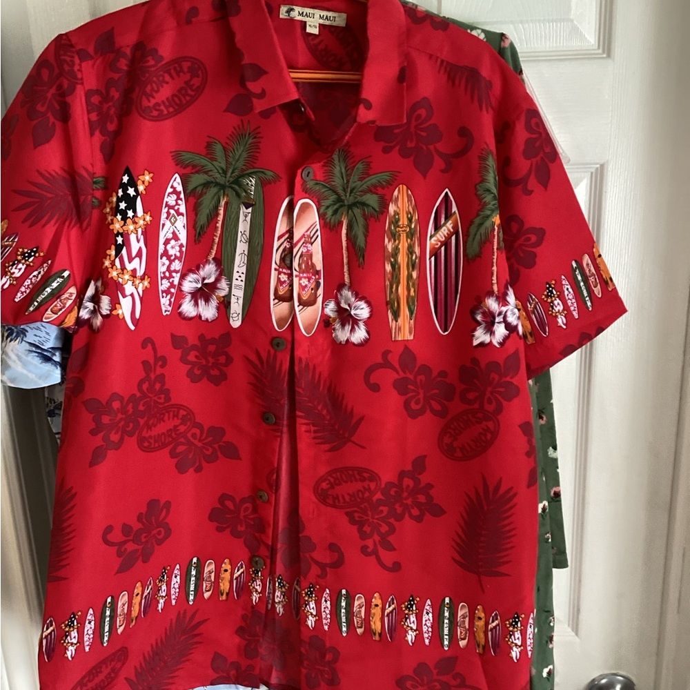 Red Hawaiian Surfboard Print Camp Shirt